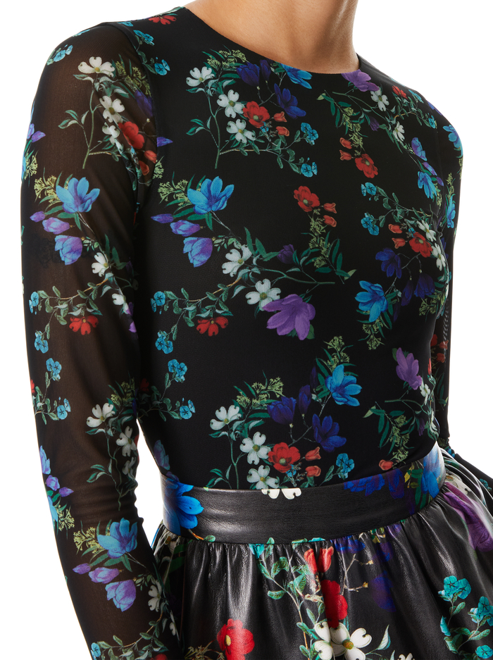 CHARA VEGAN MINI DRESS - BEAUTIFUL BLOOMS MD BLACK image 3 - Alice And Olivia