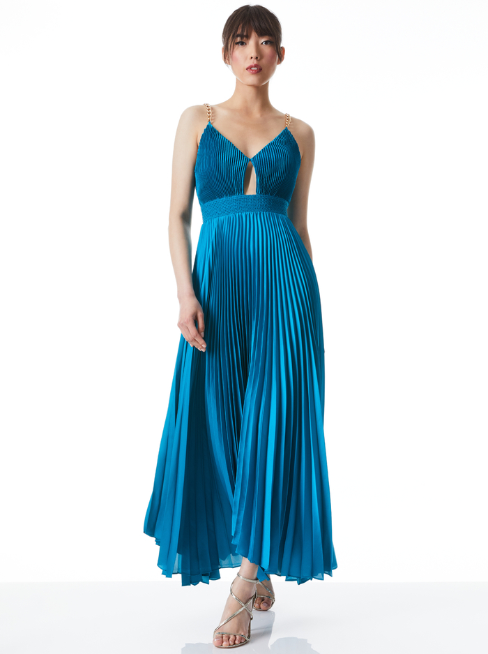 GLORIA CHAIN STRAP PLEATED MAXI DRESS - OCEAN BLUE - Alice And Olivia