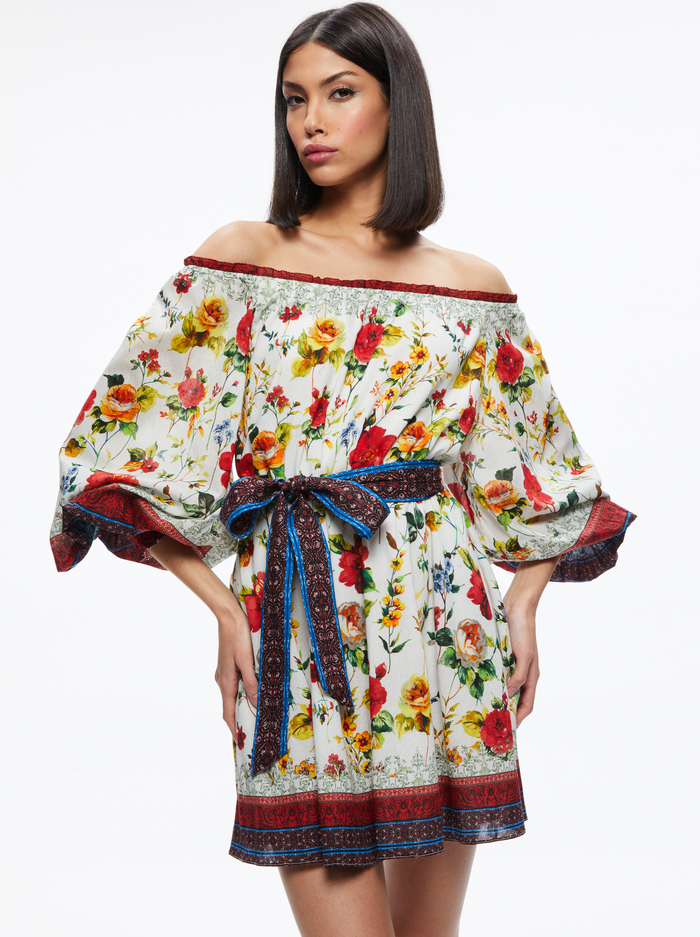 MARY OFF SHOULDER TIE BELT DRESS - DEW FLORAL image 2 - Alice And Olivia