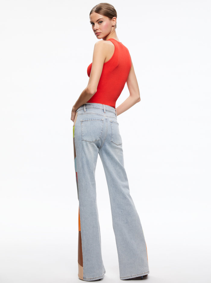 BEAUTIFUL VEGAN LEATHER PATCHWORK FLARE JEAN - ROCKSTAR BLUE / MULTI image 1 - Alice And Olivia