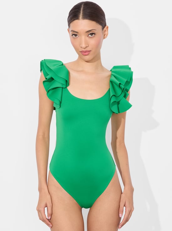 LIGHT EMERALD-TAWNY RUFFLE BODYSUIT