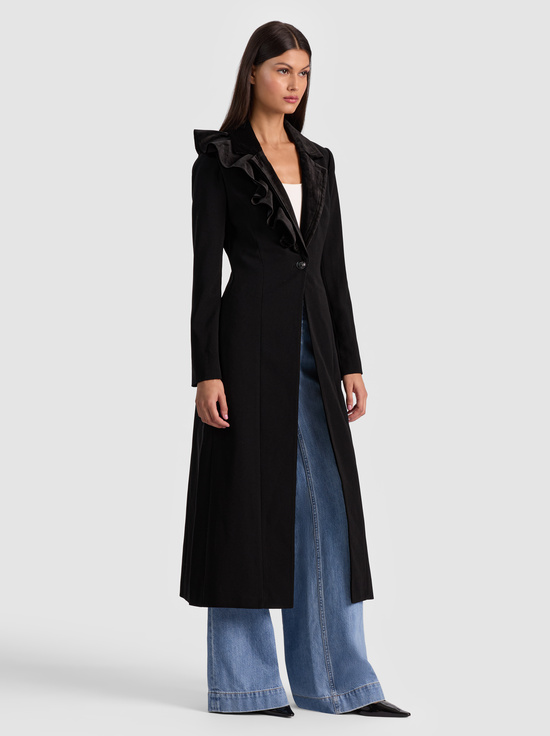 BLACK-FAIE SLIM RUFFLE MAXI BLAZER