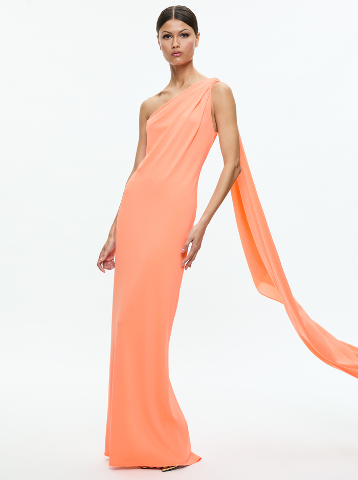 ANJA ONE SHOULDER DRAPED MAXI DRESS - CORAL - Alice And Olivia