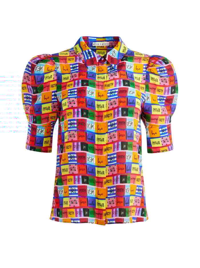 WILLA SCRUNCHED PUFF SLEEVE PLACKET TOP - LOVE PATCH image 5 - Alice And Olivia