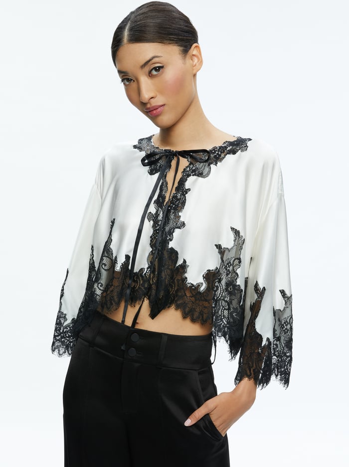 LOREE LACE TIE FRONT CROPPED JACKET - OFF WHITE/BLACK - Alice And Olivia