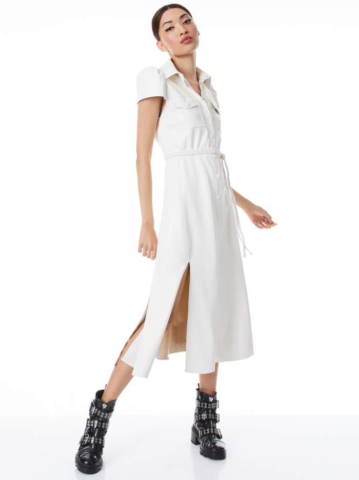 MIRANDA SHORT SLEEVE VEGAN LEATHER MIDI DRESS - ECRU image 2 - Alice And Olivia
