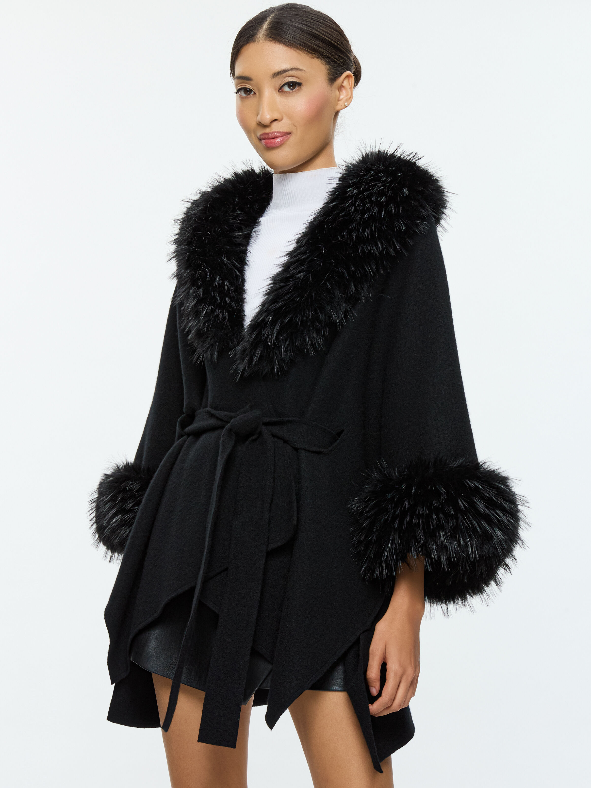 Joanne Sweater Coat With Faux Fur Trim In Black Alice Olivia