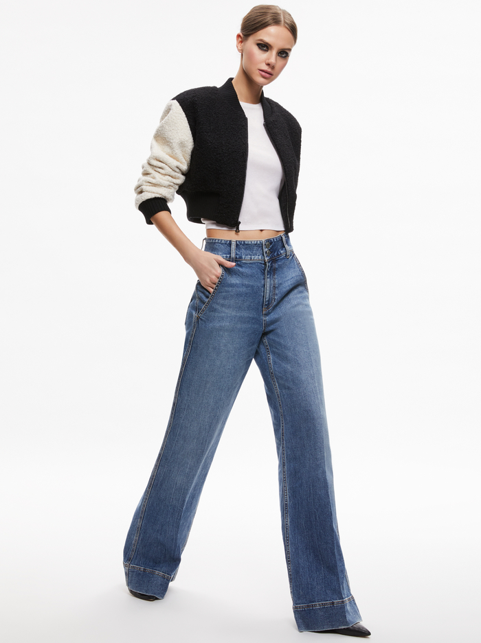 FELISA FUZZY KNIT CROPPED VARSTY JACKET - BLACK/ECRU image 4 - Alice And Olivia
