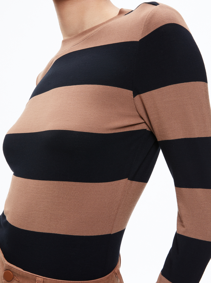 DELAINA LONG SLEEVE TOP - CAMEL/BLACK STRIPE image 3 - Alice And Olivia