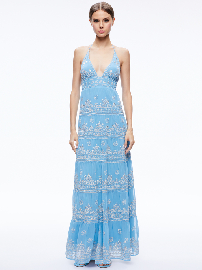 KAROLINA EMBROIDERED HALTER NECK MAXI DRESS - OXFORD BLUE/SILVER image 4 - Alice And Olivia