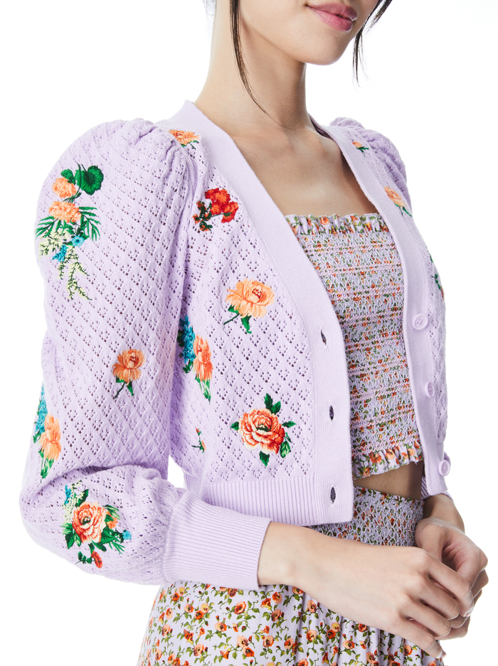 MORITA FLORAL PUFF SLEEVE CARDIGAN - LAVENDER MULTI image 3 - Alice And Olivia