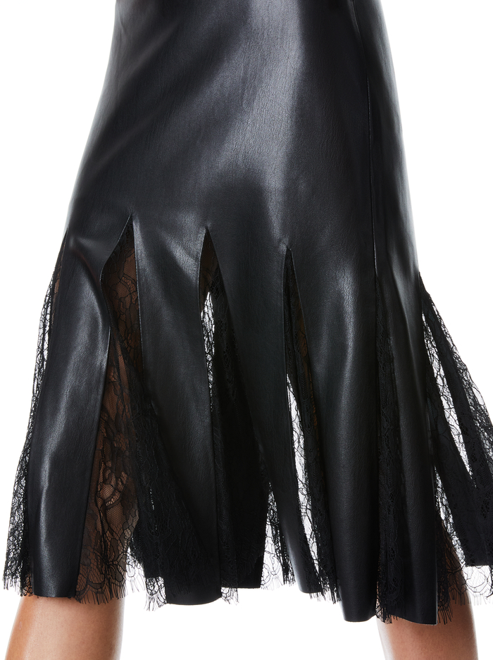 JACQUELINE VEGAN LEATHER MIDI GODET SKIRT - BLACK image 3 - ALICE + OLIVIA