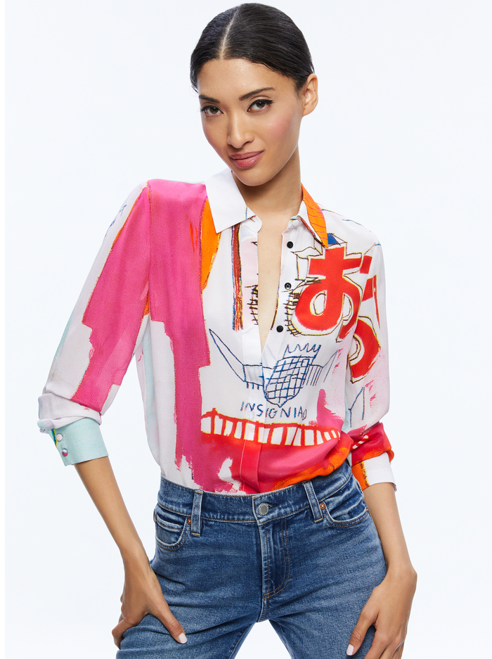 A+O X BASQUIAT WILLA PLACKET TOP - INSIGNIA - Alice And Olivia