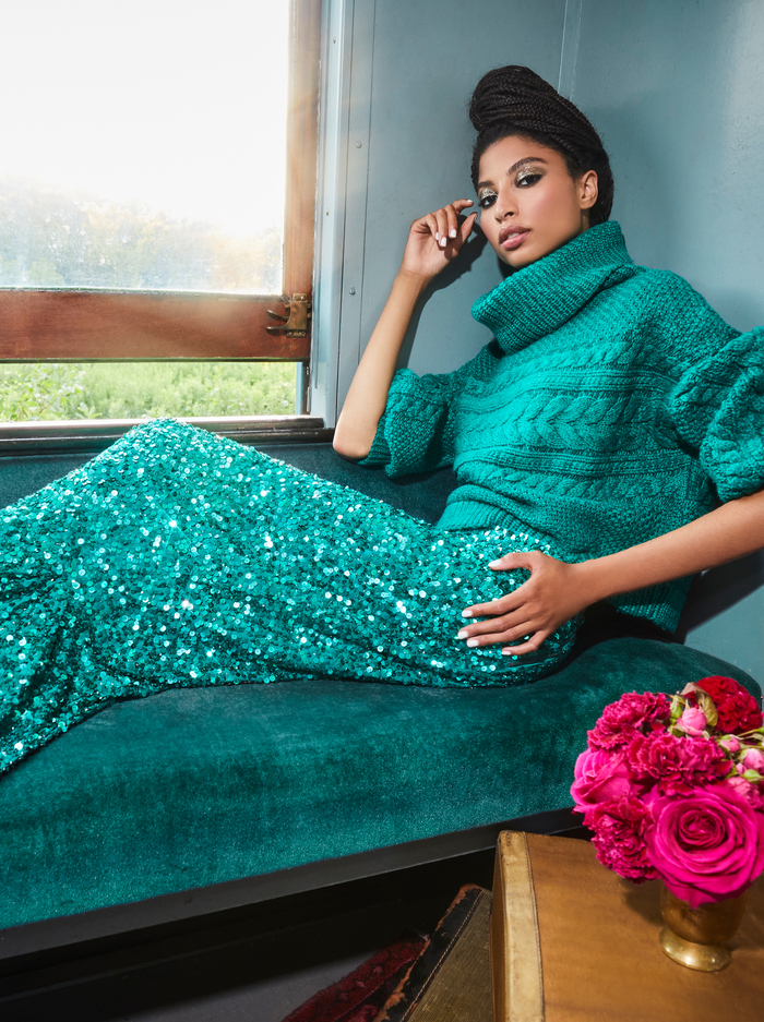 FRANCINE CABLEKNIT TURTLENECK - DARK TEAL image 6 - ALICE + OLIVIA