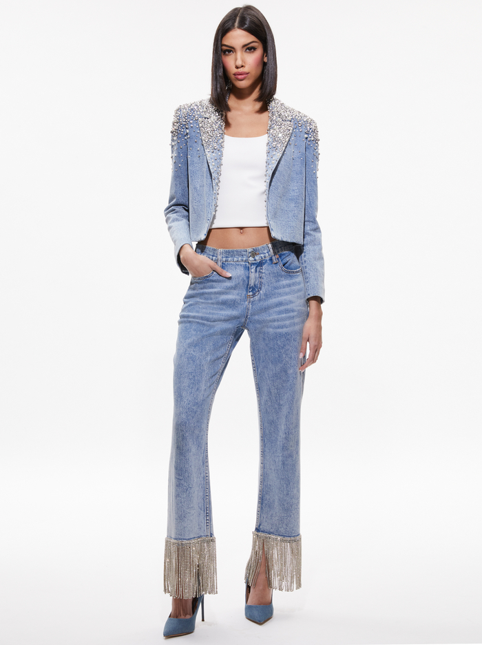 IVAN CRYSTAL EMBELLISHED CROPPED DENIM BLAZER - LIGHTNING BLUE image 4 - Alice And Olivia