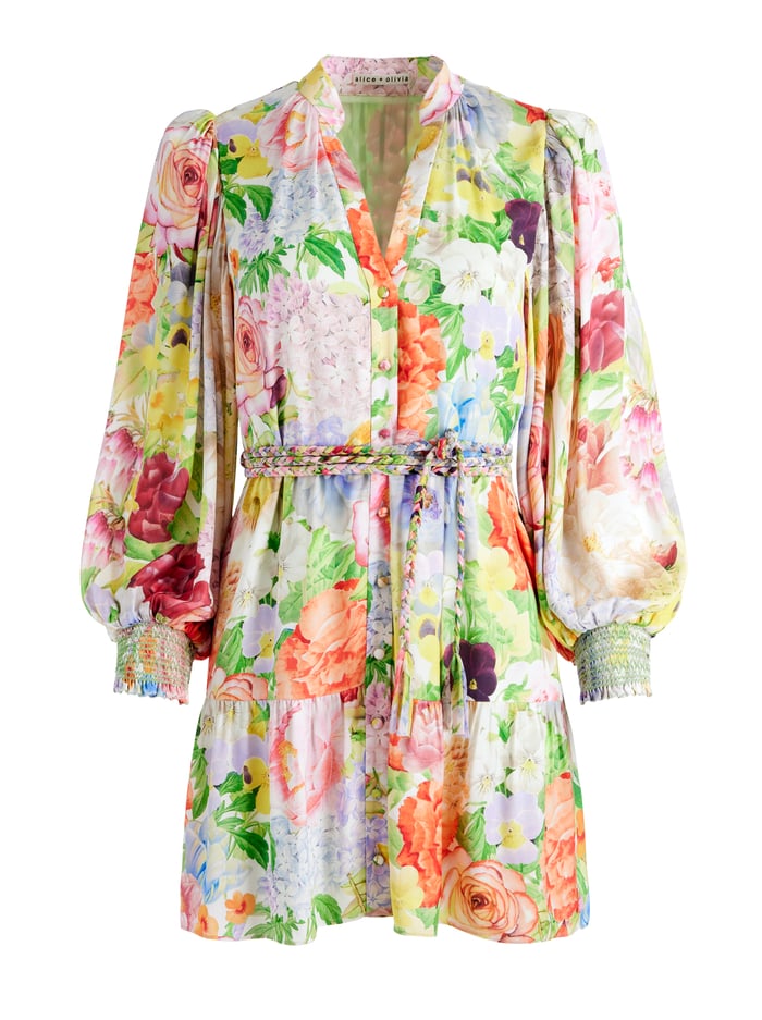 ANTONETTE LONG SLEEVE BUTTON FRONT MINI DRESS - DAWN FLORAL image 5 - Alice And Olivia