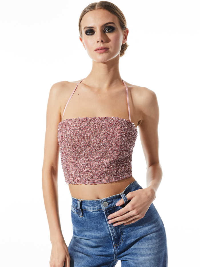 CERESI CRYSTAL EMBELLISHED HALTER NECK TOP - PETAL - Alice And Olivia