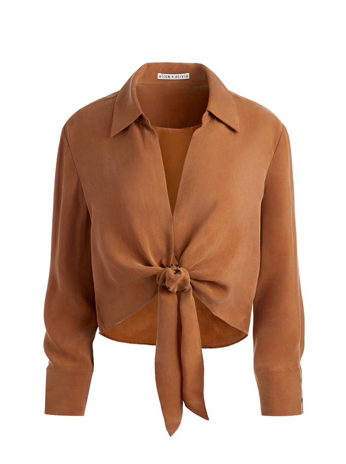 HANNON TIE FRONT BLOUSE - CAMEL image 5 - Alice And Olivia