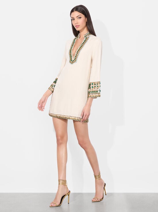 OFF WHITE MULTI-ELEONORA EMBELLISHED TUNIC DRESS