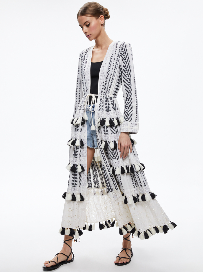 TALIA DRAWSTRING TIERED TASSEL KIMONO - ECRU/BLACK - Alice And Olivia