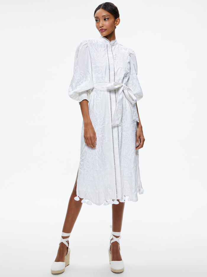 SHANLEY EMBROIDERED BUTTON FRONT MIDI DRESS - WHITE image 4 - Alice And Olivia