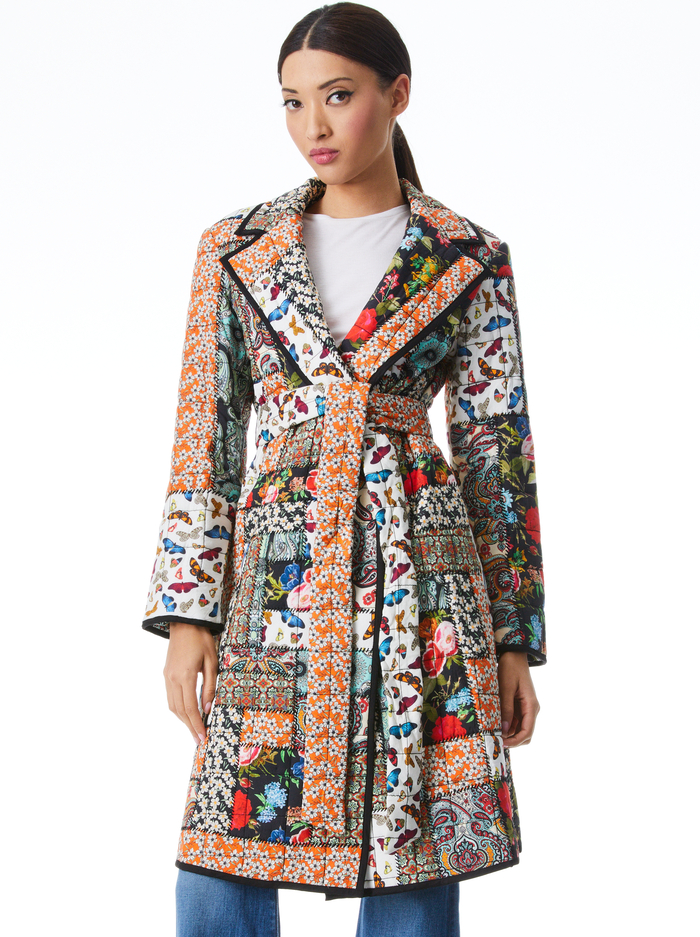 MOYA QUILTED PATCHWORK BELTED COAT - MULTI/BLACK - Alice And Olivia