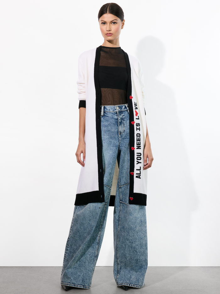 A+O X THE BEATLES BRADFORD MAXI CARDIGAN - ECRU MULTI image 1 - Alice And Olivia