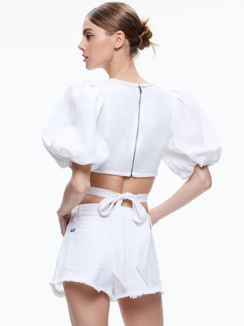 WHITE-COLETTE TIE PUFF SLEEVE CROP TOP