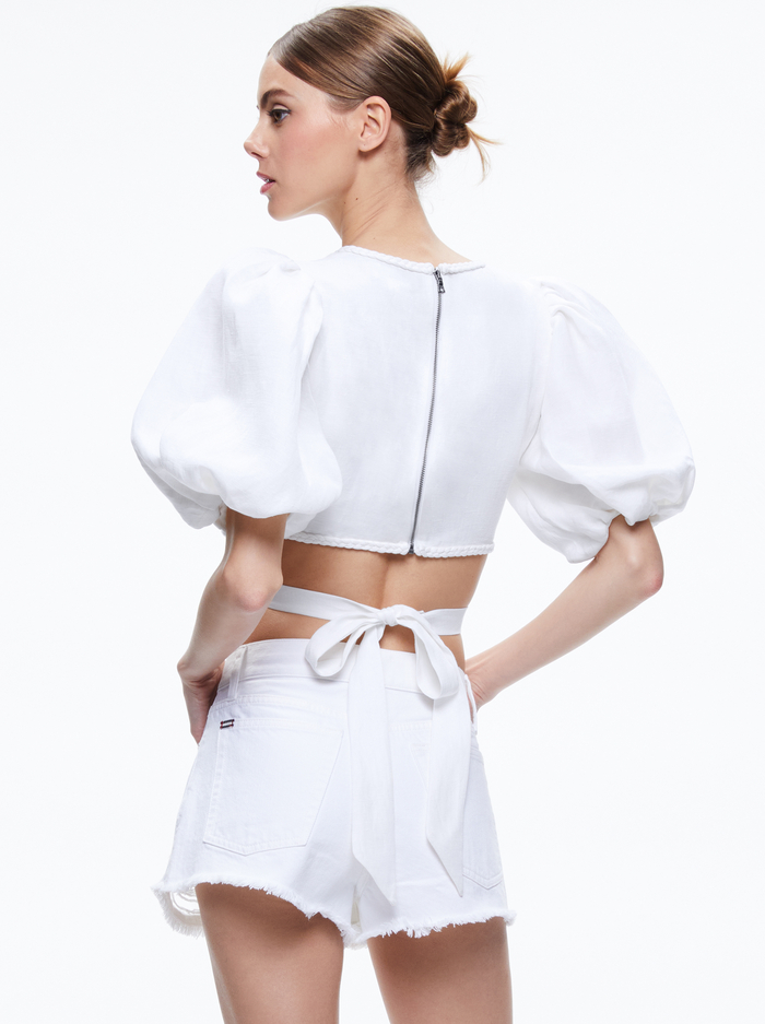 COLETTE TIE PUFF SLEEVE CROP TOP - WHITE image 1 - Alice And Olivia