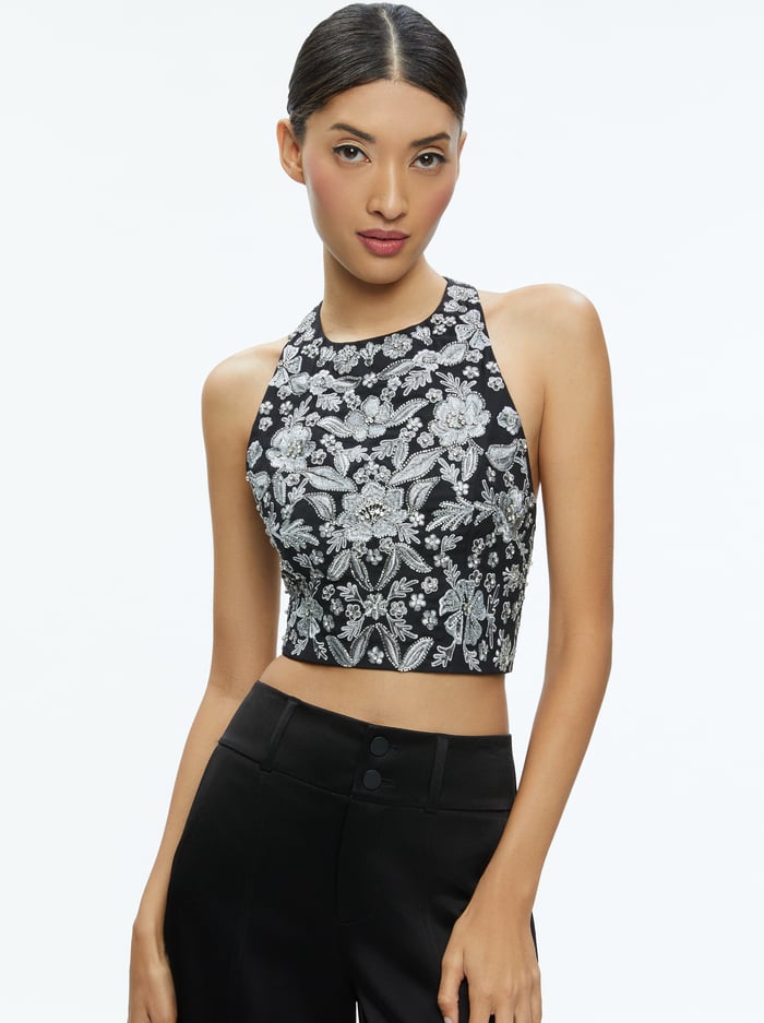 TRU RACER BACK FITTED CROP TOP - BLACK/SILVER - Alice And Olivia