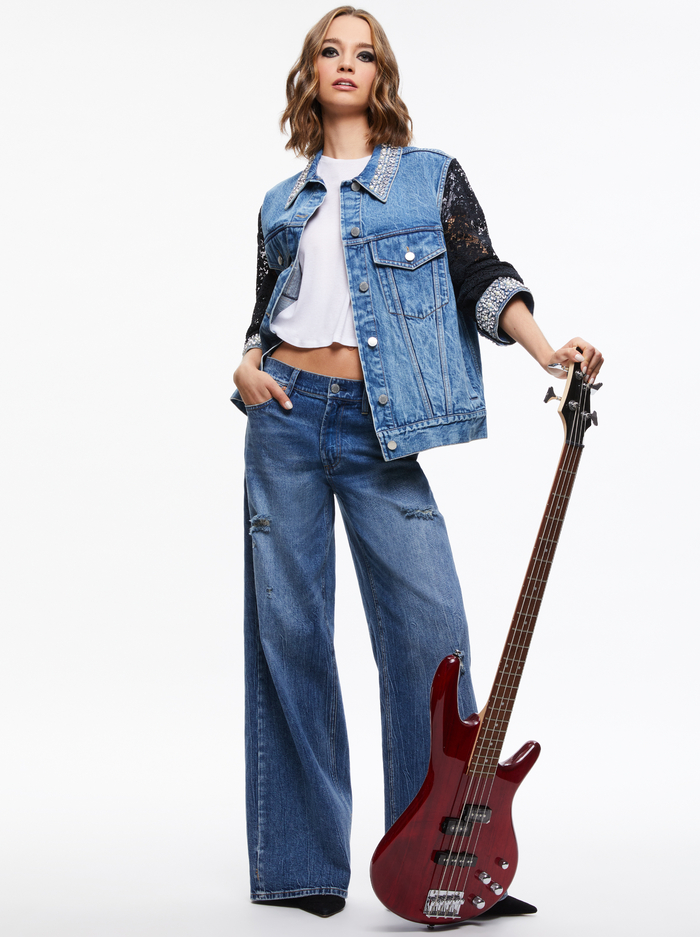 JEFF EMBELLISHED LACE SLEEVE DENIM JACKET - INDIGO NIGHTS image 4 - Alice And Olivia