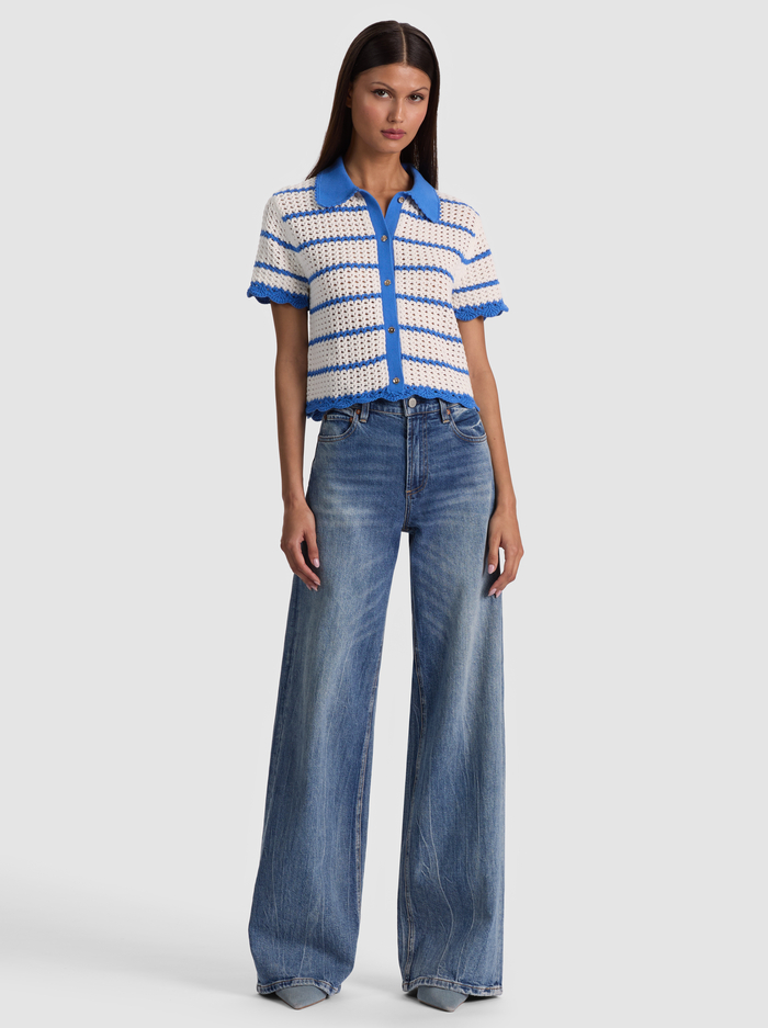 RANDALL POINTELLE POLO CARDIGAN - BLUE IRIS/WHITE image 1 - ALICE + OLIVIA