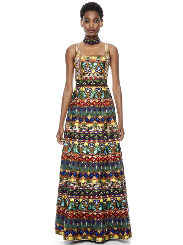 MARCIELA BEADED GOWN WITH CHOKER - BROWN MULTI image 1 - Alice And Olivia
