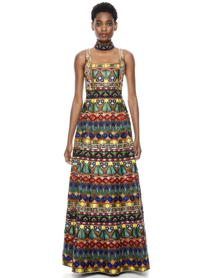 Marciela Beaded Gown With Choker In Brown Multi | Alice And Olivia