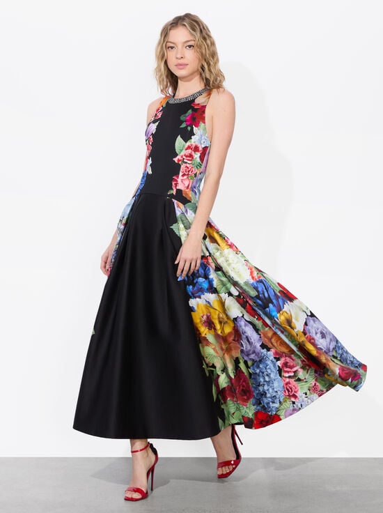 GARDEN BRUNCH BLACK-ADLEY DROP WAIST MIDI DRESS