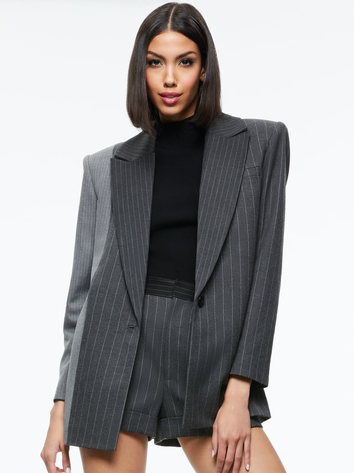 COLLEY NOTCH COLLAR BLAZER - GREY/CHARCOAL PINSTRIPE - Alice And Olivia
