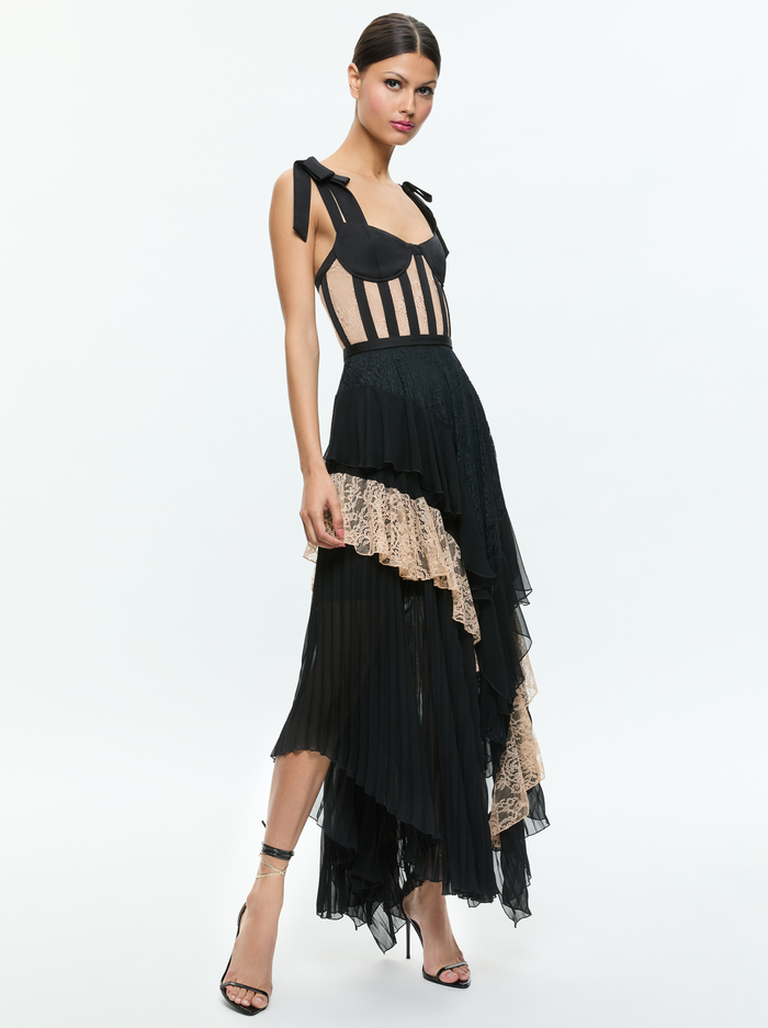 ZAYA BUSTIER RUFFLE MAXI DRESS - BLACK/ALMOND image 4 - Alice And Olivia