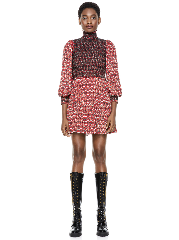 ELVIRA SMOCKED MOCK NECK MINI DRESS - ORNAMENT image 1 - Alice And Olivia