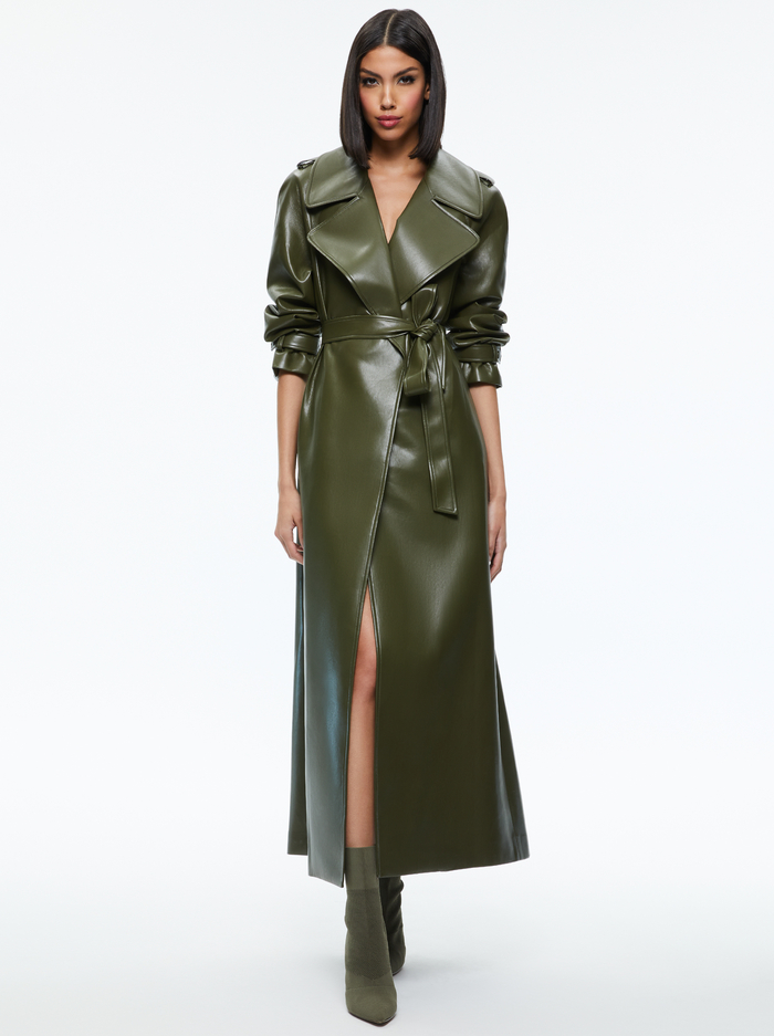 JARRETT VEGAN LEATHER TRENCH COAT - OLIVE - Alice And Olivia