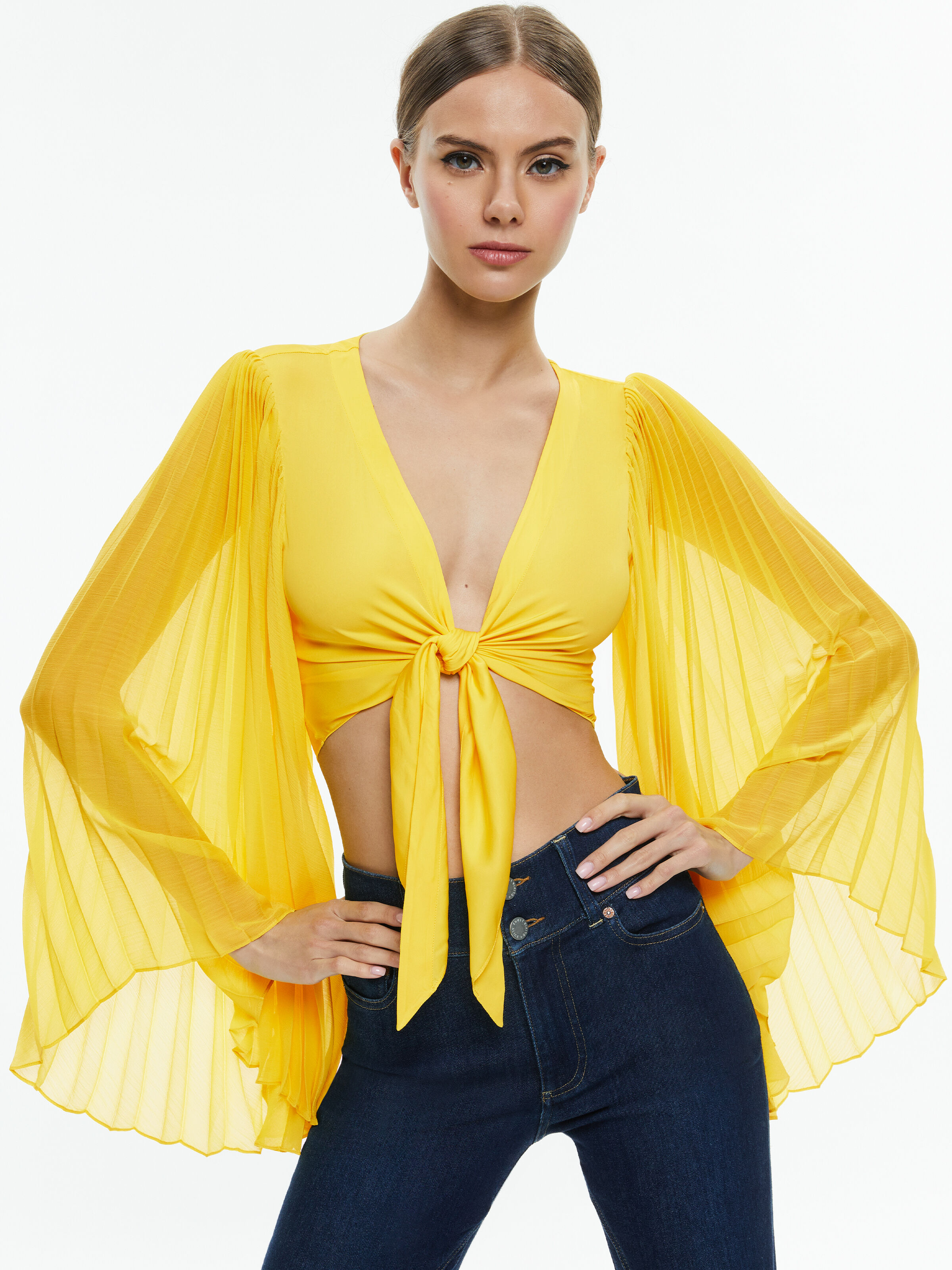 Rochelle Tie Front Pleated Crop Top In Happy Yellow Alice Olivia