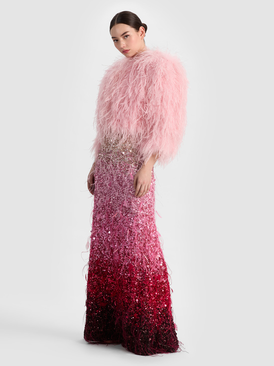 ASCENDENT OMBRE DEEP PINK-ASHTON EMBELLISHED FEATHER SKIRT