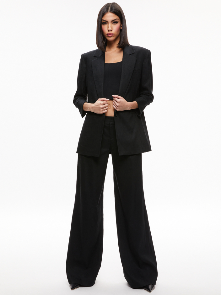 SHAN STRONG SHOULDER RUCHED SLEEVE BLAZER + ERIC LOW RISE PANT- BLACK - 