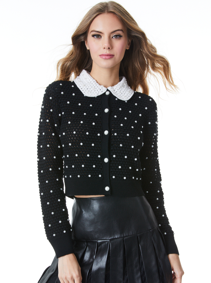 Collins Pearl Embellished Crochet Cardigan In Black Soft White Alice And Olivia