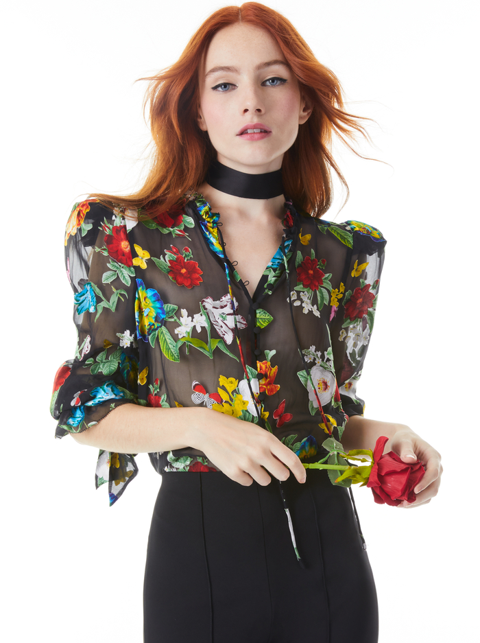 JULIUS BUTTON FRONT TIE SLEEVE TOP - ATRIUM FLORAL SM - Alice And Olivia