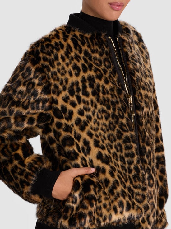 CHEETAH/BLACK-BECKY REVERSIBLE FAUX FUR BOMBER JACKET