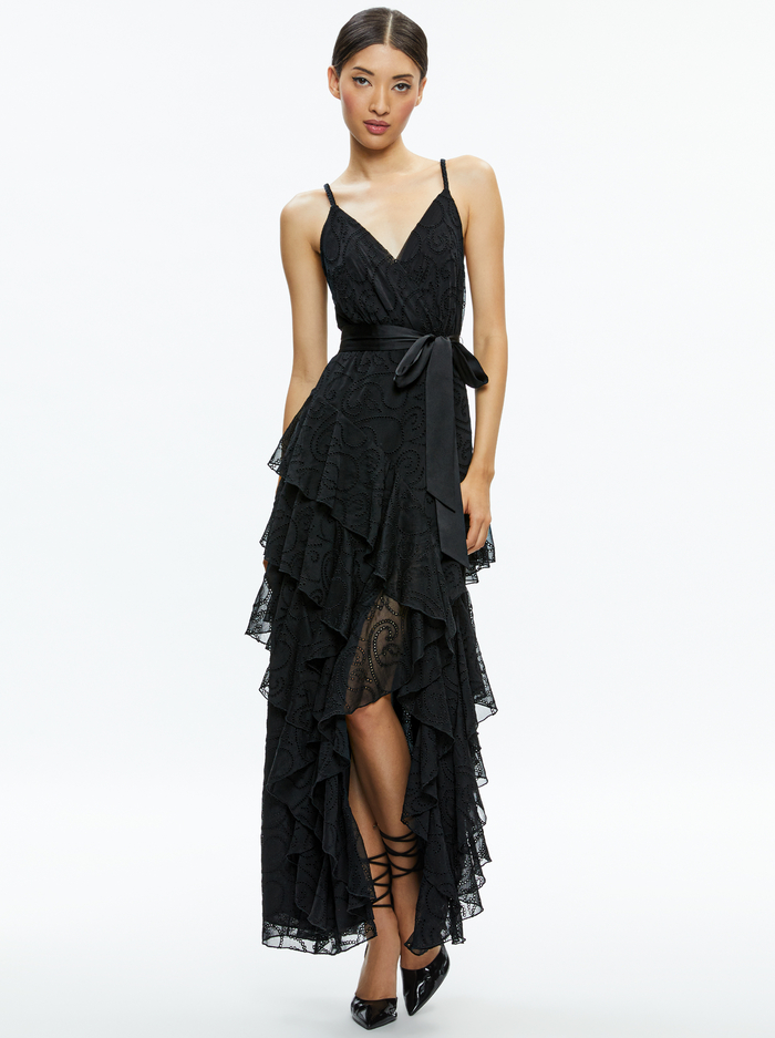 EMELIA V-NECK EYELET RUFFLE MAXI DRESS - BLACK - Alice And Olivia