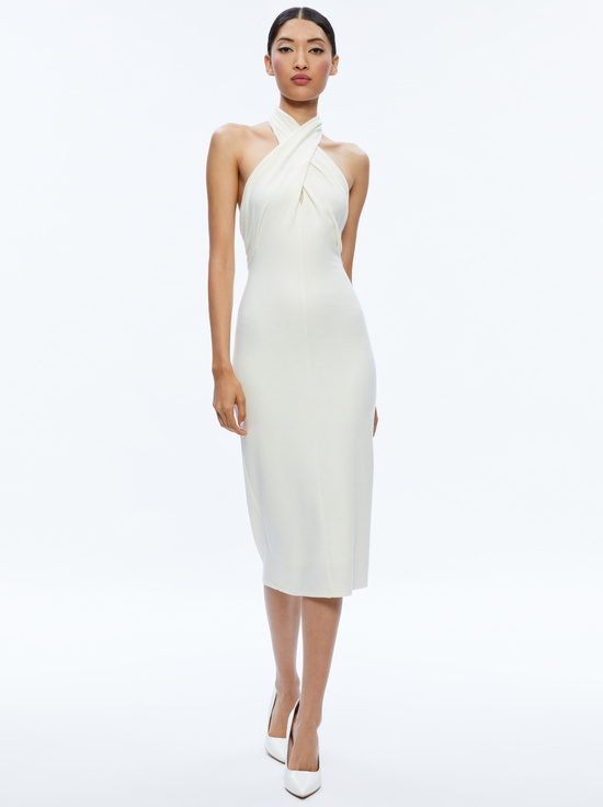 slim fit dress slacks Zapaka Women White Simple Wedding Dress Halter A Line Backless Sweep Train Satin Bridal Dress, White / US4