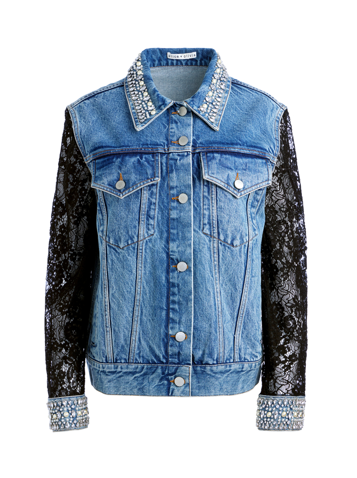 JEFF EMBELLISHED LACE SLEEVE DENIM JACKET - INDIGO NIGHTS image 5 - Alice And Olivia