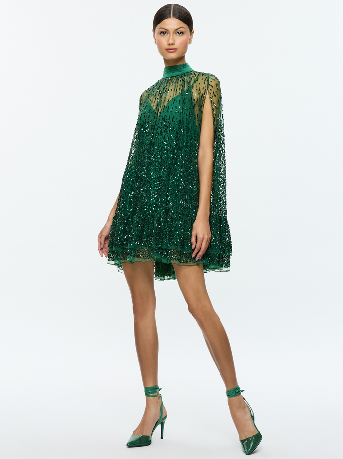 ZENON CAPE MINI DRESS - FOREST GREEN - Alice And Olivia