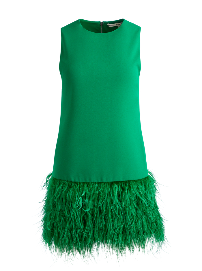 COLEY FEATHER TRIM MINI DRESS - EMERALD image 5 - Alice And Olivia